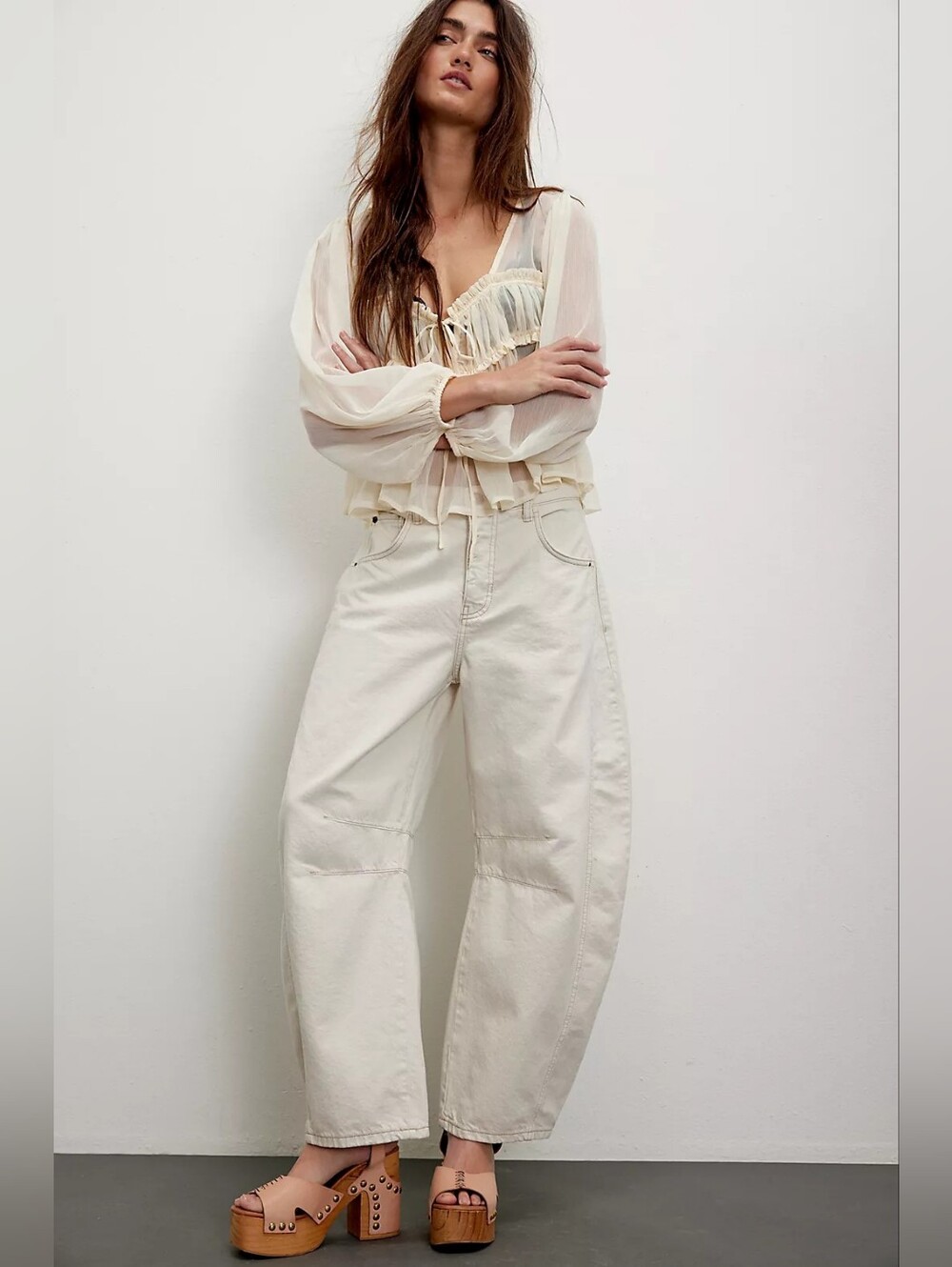We The Free Good Luck Barrel Leg Jeans Milk Cream Mid Rise Size 30 Boho Western